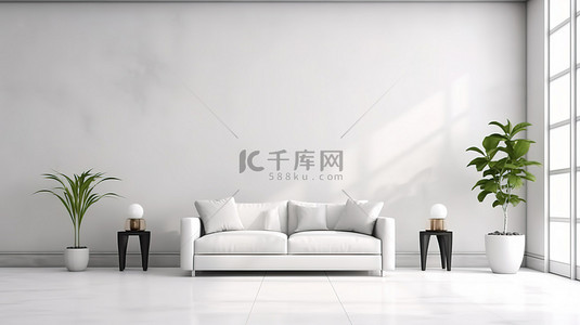 空墙模拟背景与现代豪华白色客厅室内设计 3D 插图相得益彰