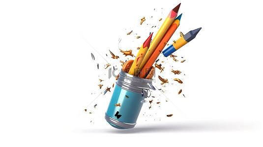 彩色卡通小火箭背景图片_白色背景飞行铅笔火箭回到学校横幅的 3D 插图