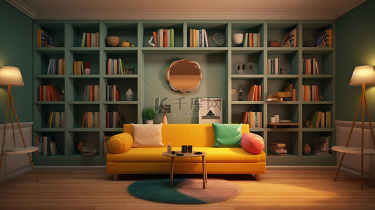 学校主题网页的沙发房和书架3D背景效果图
