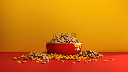 3D 渲染的狗粮袋包装设计，旁边是红色塑料碗，干粮在鲜艳的黄色背景上