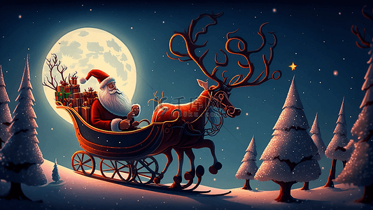 圣诞夜雪橇背景图片_圣诞节雪橇麋鹿背景