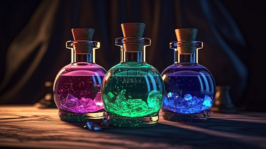 创意软木塞桌子背景图片_含有药水的蓝绿色和紫色软木塞玻璃瓶的 3D 插图