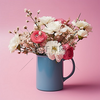 粉色背景背景图片_粉色背景上有鲜花的蓝色杯子