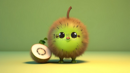 卡哇伊食物背景图片_可爱和高兴的猕猴桃卡哇伊 3D 卡通人物绿色和棕色