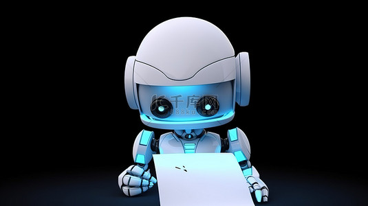 可爱的人工智能机器人持有 3d 渲染的空白笔记