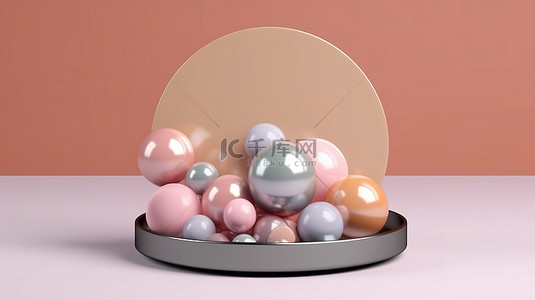 圆盘上的金属气泡 3D 场景，以柔和的色调轻松展示产品