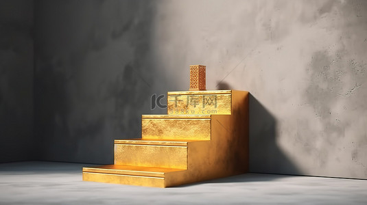 成功商人在楼梯上获得金色奖杯的 3D 渲染