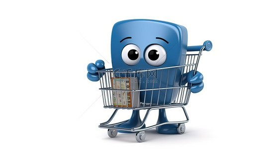 消费者人物背景图片_蓝皮书人物吉祥物在白色背景上推购物车的 3D 渲染