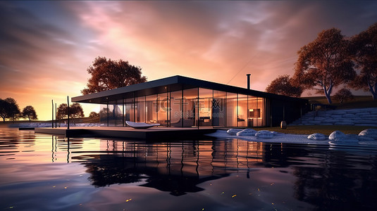 当代缟玛瑙住宅，湖畔日落背景 3D 设计