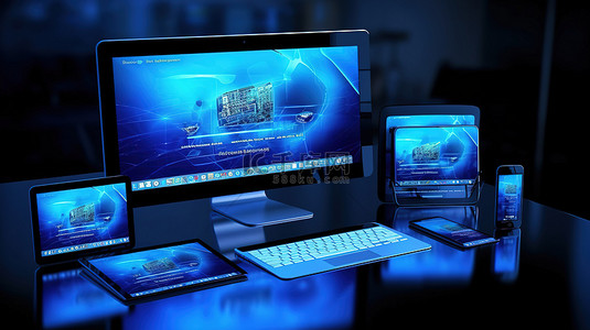 具有多个设备的蓝色桌面上显示的响应式网站的 3D 渲染
