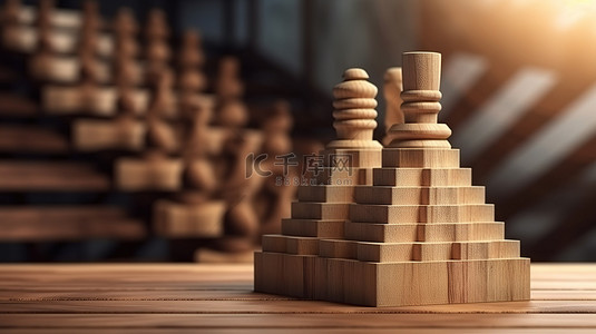 励志背景图片_3D 国际象棋和木立方体楼梯的商业策略