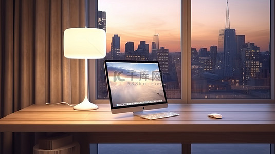 家居飾品背景图片_木桌设置，配有带键盘盒的大型平板电脑和白色灯，以 Windows 3D 渲染为背景