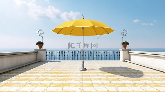3D 渲染的海滨露台，配有白色和黄色的雨伞，以美丽的海洋背景为背景