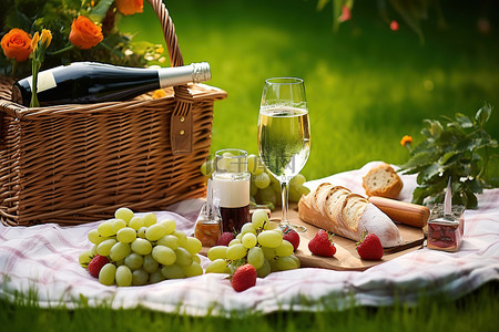 水果沙拉背景图片_绿草上野餐 香槟野餐篮