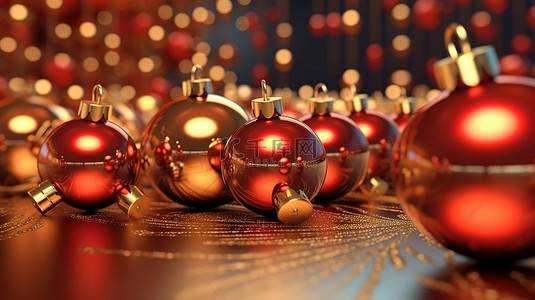金色和红色圣诞球装饰 3D 渲染插图祝您圣诞快乐，新年快乐