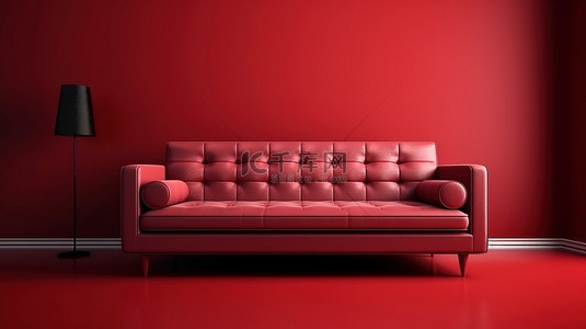 在无人在场的单色环境中红色真皮沙发的等距渲染