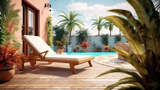 墨西哥露台的 3D 渲染，配有躺椅游泳池棕榈树和清爽的玛格丽塔完美夏季概念