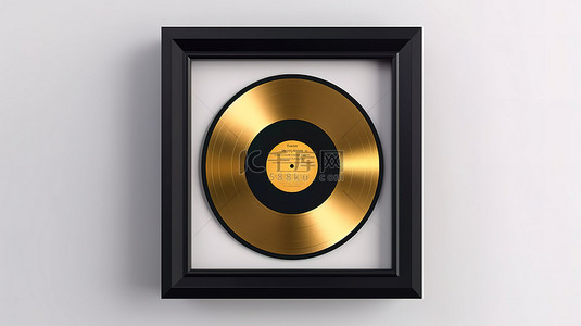 3D 渲染黑框金色乙烯基或 CD 奖，白色背景上带有标签