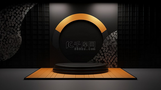 3D 渲染日本主题抽象讲台在黑色背景上进行演示