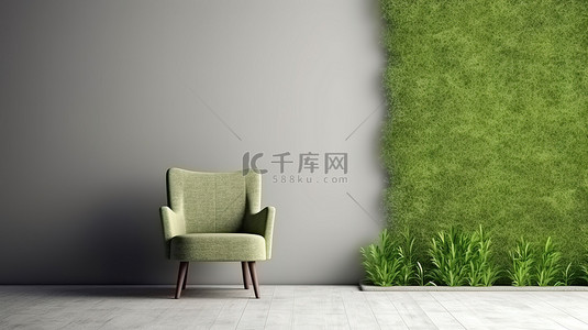 杂草丛生和废弃的椅子，带有宁静景观背景的空白墙的 3D 渲染