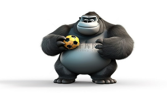 有趣的 3D 超重大猩猩手里拿着足球