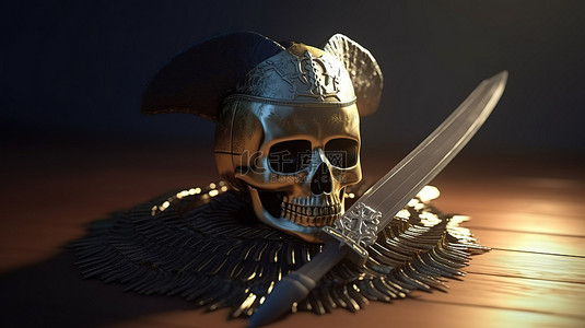卡通剑背景图片_以帽子剑头骨和加密货币为特色的海盗装备的 3D 渲染