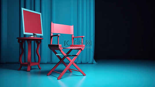 电影概念舞台上的小红色导演椅与 3D 场景中的蓝色窗帘相对