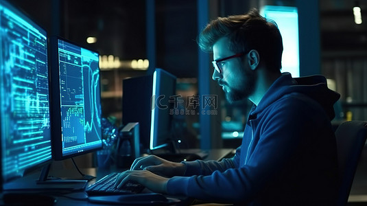 编码员程序员在桌上的台式计算机上键入代码的 3D 渲染