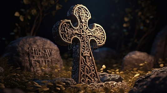 万圣节主题的 3D 插图，展示了一个可怕的墓碑，上面装饰着十字装饰品