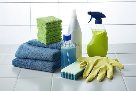 打扫卫生背景图片_显示清洁用品和毛巾