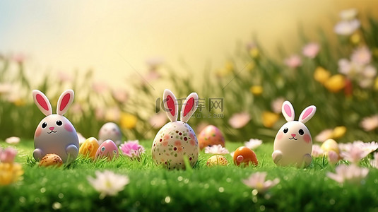 复活节兔子耳朵和雏菊花的 3D 插图装饰复活节彩蛋与复制空间