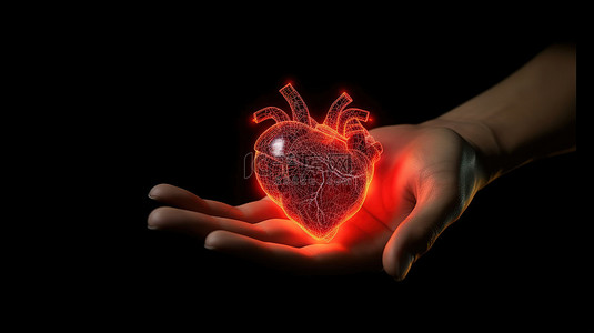 黑色背景 3D 渲染插图上手握着一颗脉动的心