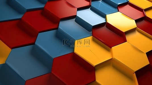 3d 渲染的六角形背景，五彩红蓝黄白色调