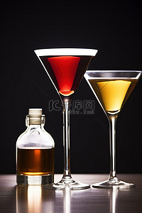 酒背景图片_桌子上放着三个马提尼酒杯，上面放着一瓶酒
