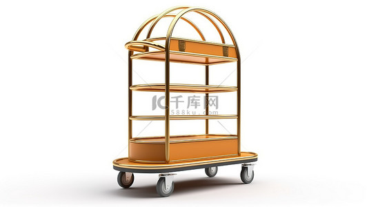 旅游酒店背景图片_白色背景 3d 渲染上的豪华金色酒店行李车