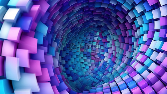 光泽蓝色和紫色块螺旋的抽象 3D 渲染