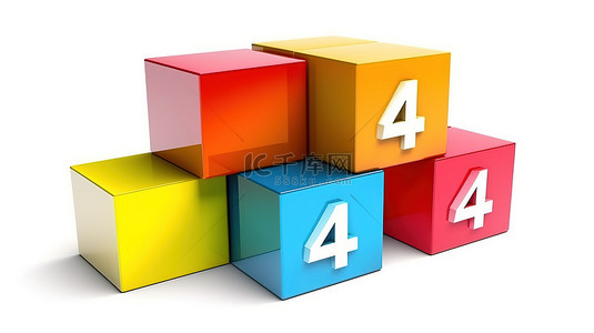 充满活力的盒子在白色背景上排列成第四个 3D 渲染高达百分之四