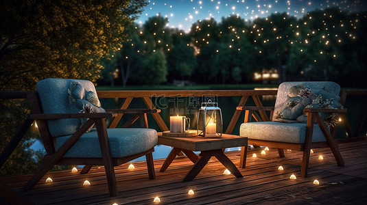 甲板背景图片_星空下甲板上河边扶手椅和咖啡桌的夜晚氛围 3D 插图
