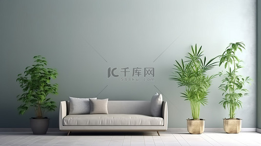 空墙上 3d 渲染上配有沙发和盆栽植物的简约客厅
