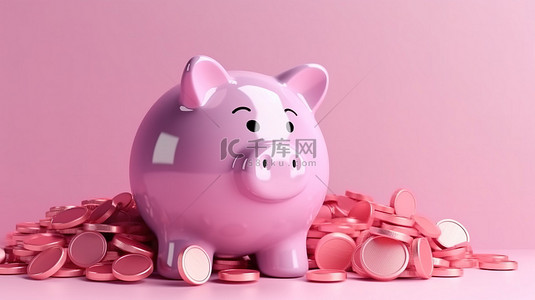 金融背景图片_卡通手将硬币存入粉红色存钱罐的 3D 渲染，横幅说明了省钱的概念