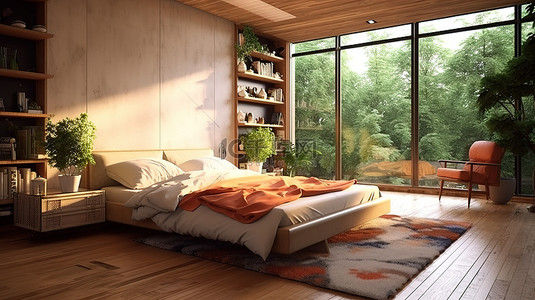 阳光明媚的卧室，配有环境灯和雨天室外景观 3D 渲染