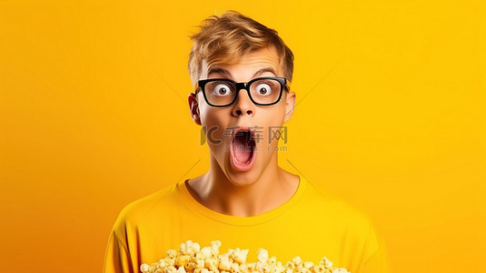 帅气五分裤背景图片_身穿 T 恤戴着 3D 眼镜的男子震惊地一边享用爆米花，一边在充满活力的黄色背景上看电影，背景上有文字空间