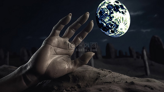 在墓地环境中月光下从土壤中出现的僵尸手的恐怖 3D 插图