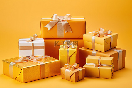 黄色背景上各种金色包装的礼物