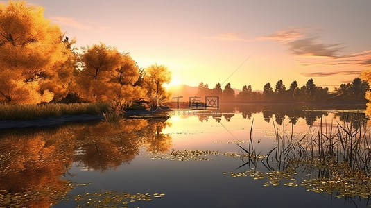 令人惊叹的 3D 渲染景观，映照着黄树绿草环绕的湖面上雄伟的日出