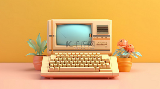 老式计算机背景图片_老式计算机模型，具有鲜艳的色彩和 3D 渲染前视图的全键盘