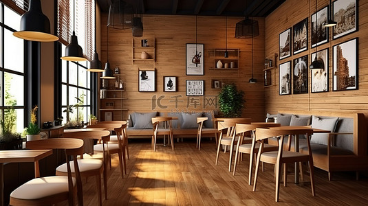 质朴的木制餐厅或咖啡厅设计的 3D 渲染