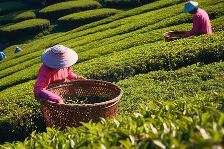 茶城背景图片_两个男人拿着一些篮子在茶园里干活