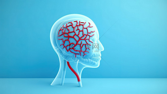 白色抽象头部形状，红色心脏和蓝色背景上的脉动心跳象征着心理健康3D 渲染