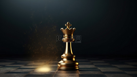 胜利概念金色棋子在黑墙上描绘国际象棋之王和竞争理念 3D 渲染